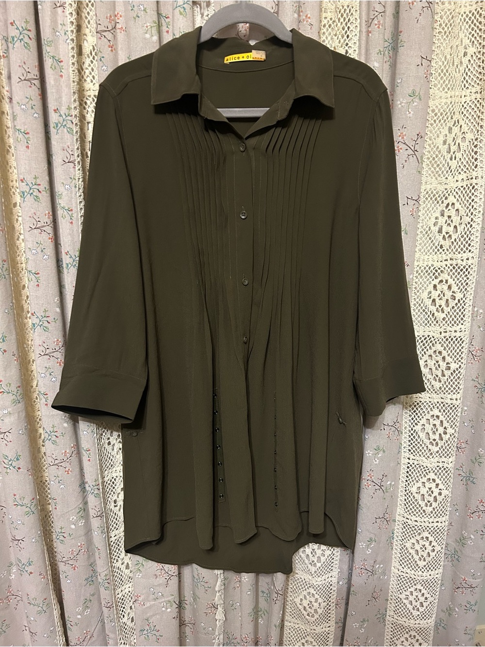 Alice‎ + Olivia Olive Green Button Front Tunic Dress Pleated M